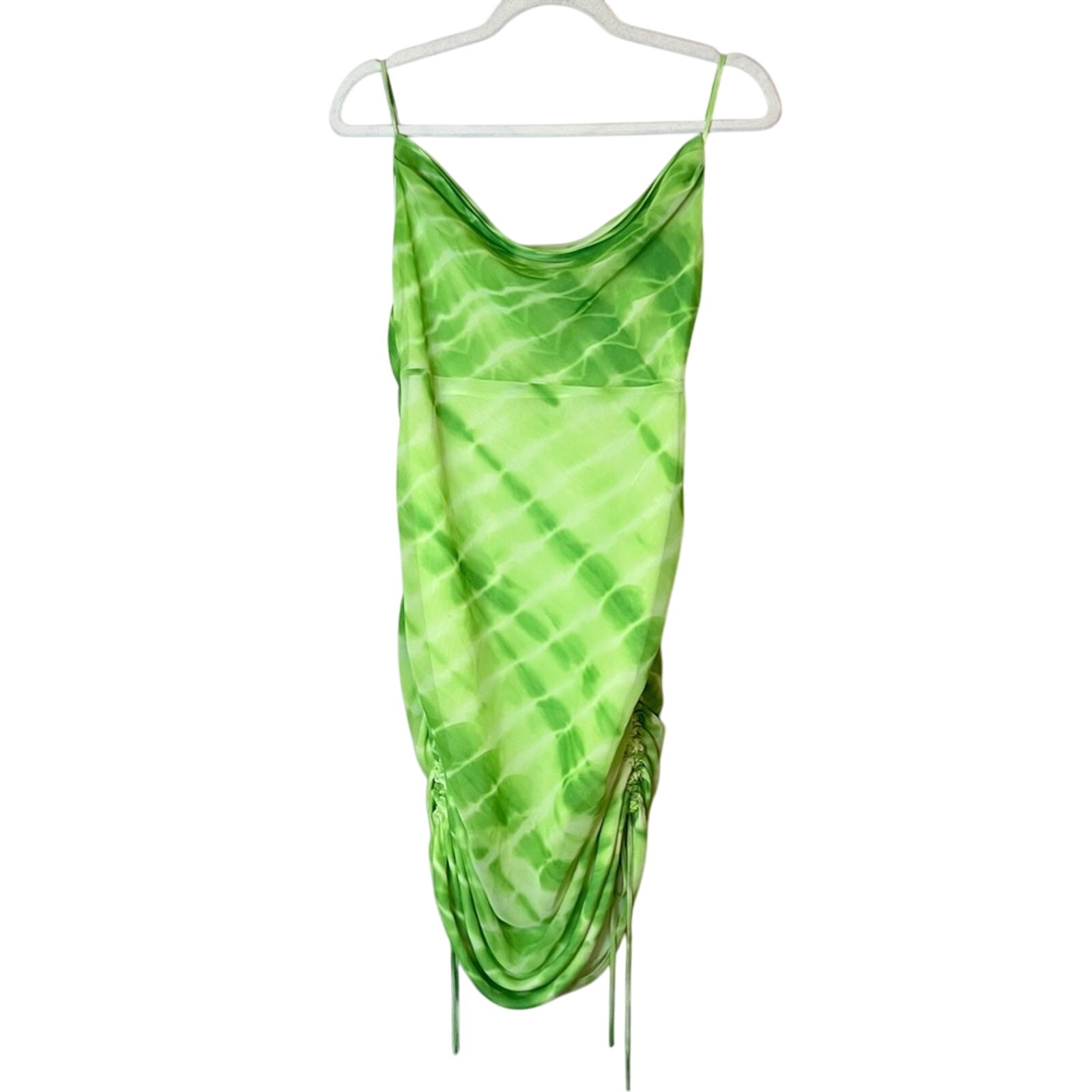 h:ours Fidelity Ruched Cowl Neck Adjustable Mini Dress Green Tie Dye Revolve