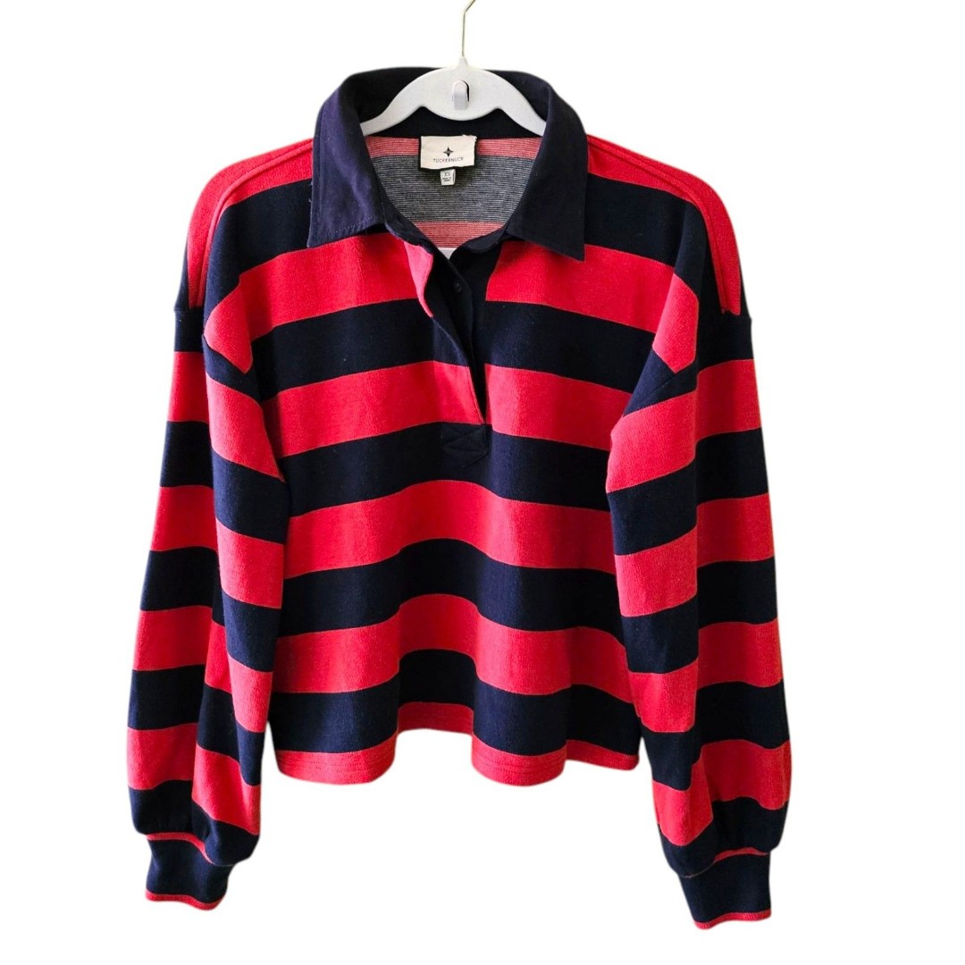 Tuckernuck Top XS Red Navy Striped Cotton Warren Rugby Shirt Longsleeve Stretch
