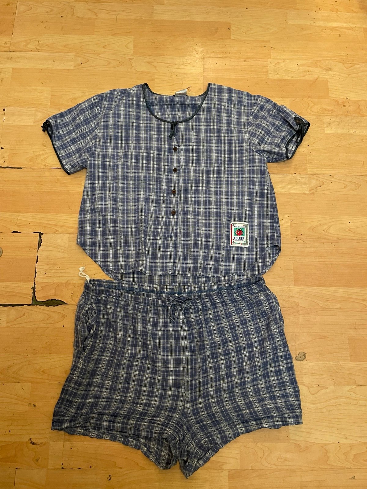 ESLEEP VINTAGE pajama Set Top Shorts White Blue Plaid Sz L Women F13 Top: bust 4