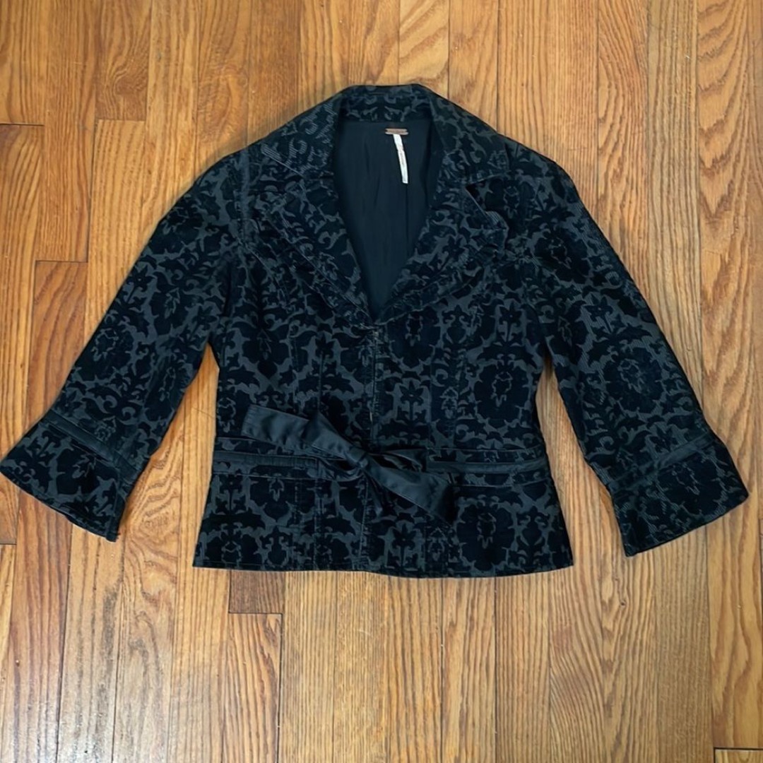 Free People Brocade Blazer Velvet Front Tie Black Size 4 Goth Boho