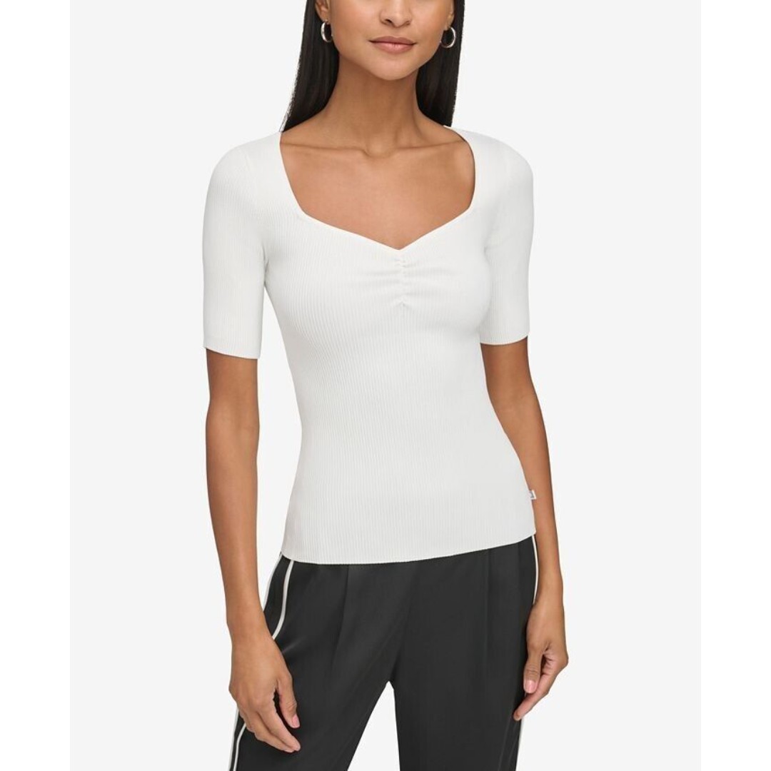 KARL LAGERFELD PARIS Women's Sweetheart-Neck knit Sweater Top Cream ivory XL