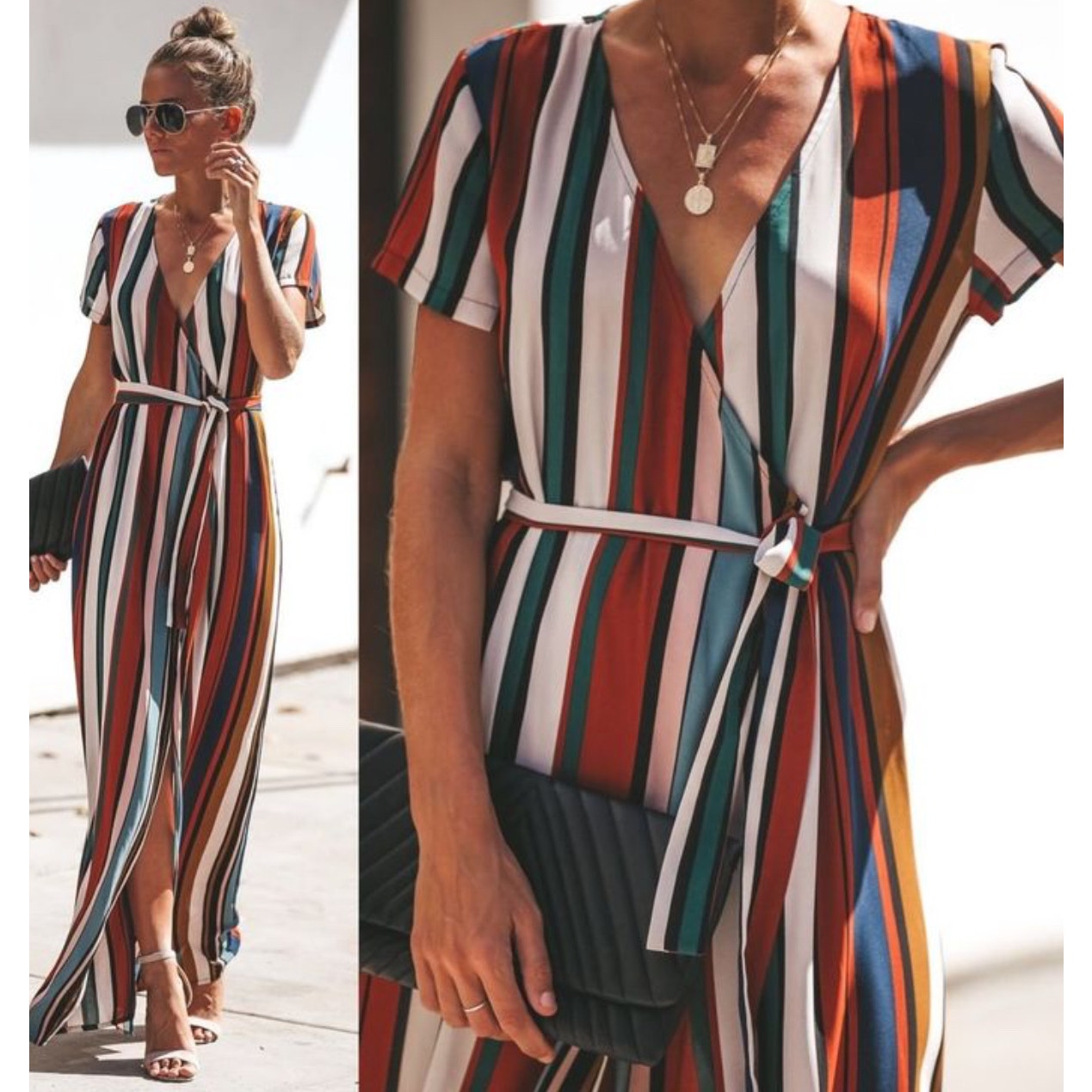 Vici Multicolored striped Short Sleeve Wrap Maxi Dress size L Large