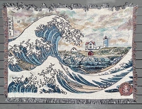 Great Wave Off Nubble Lighthouse Woven Art Blanket 60x80” by New England Artist