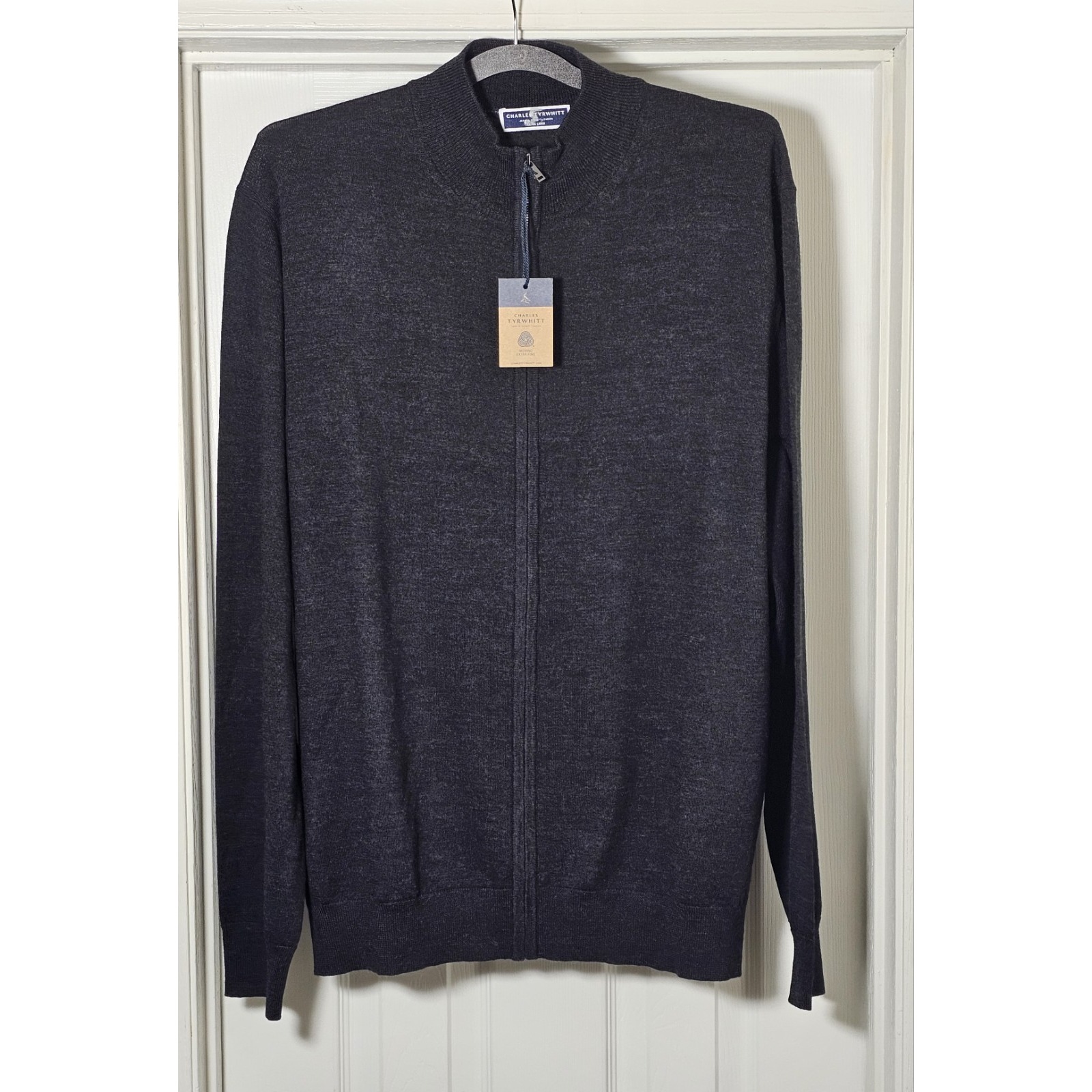 Charles Tyrwhitt Merino Wool Full Zip Sweater Size XL Charcoal Gray