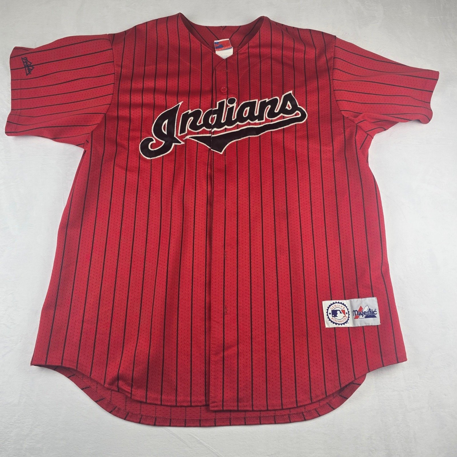Majestic Indians Baseball Jersey Pinstripe Button Front Red MLB Mens Size L