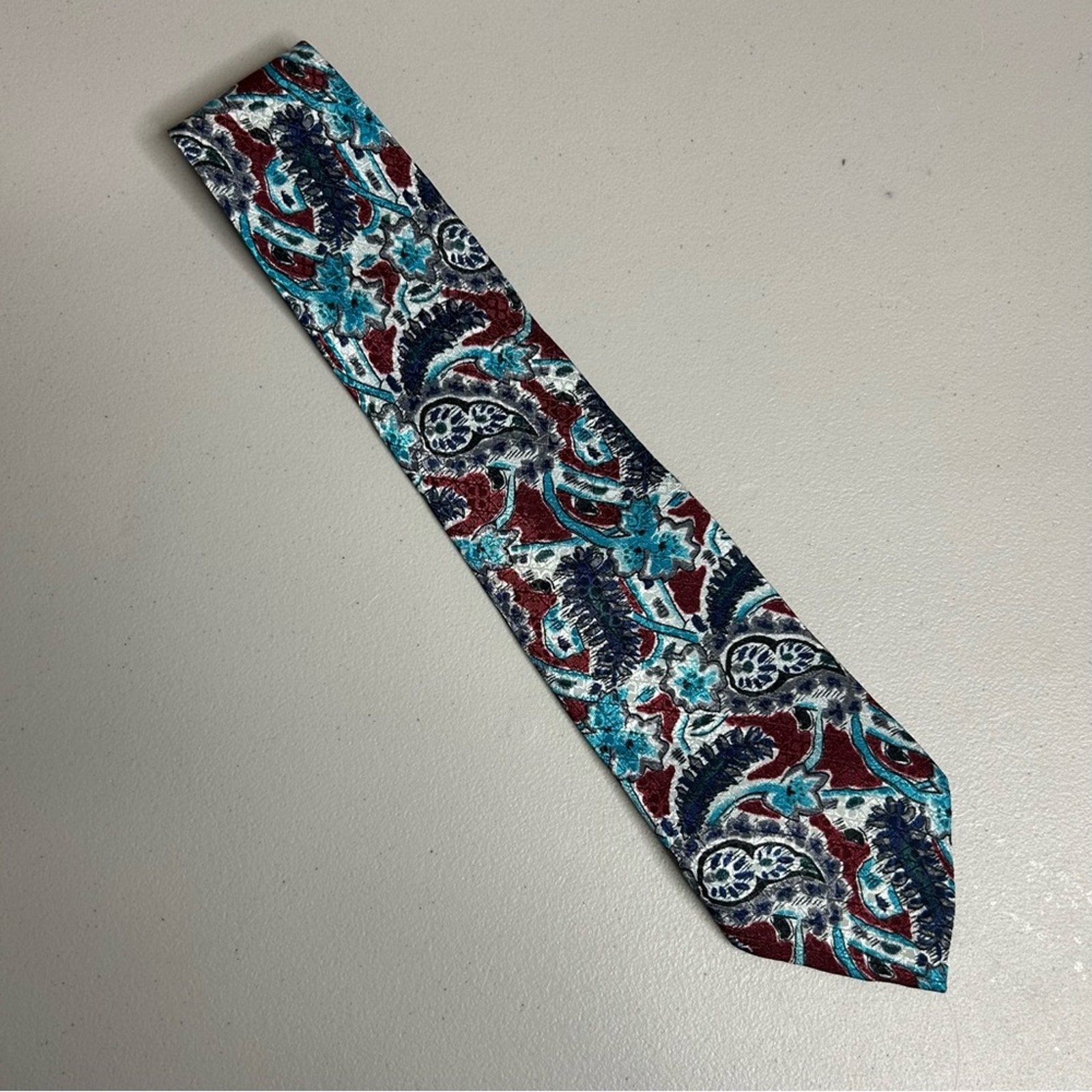 Christian Dior Tie Monsieur Floral Teal Maroon Red 100% Printed Polyester USA