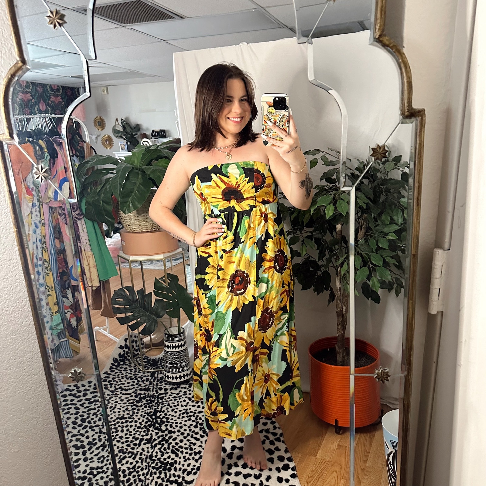 anthropologie maeve small strapless midi sunflower print dress
