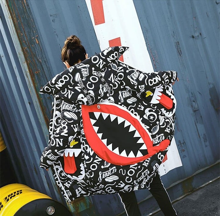 Cartoon Graffiti 3D Streetwear Art Puffer Long Winter Coat Extra deep hood M/XL
