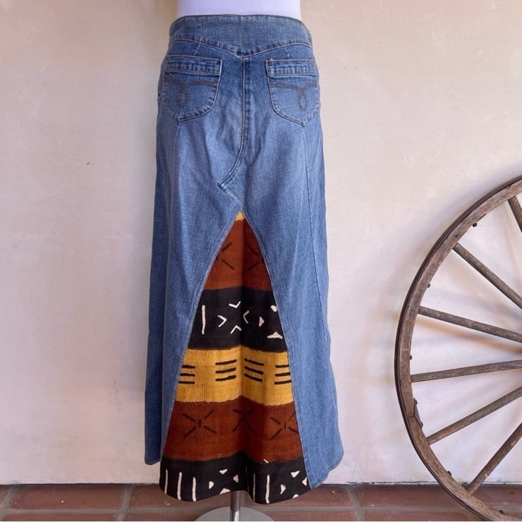 CUSTOM DENIM MAXI SKIRT Hand Made in South Africa Painted Woven Tribal Fabric 5