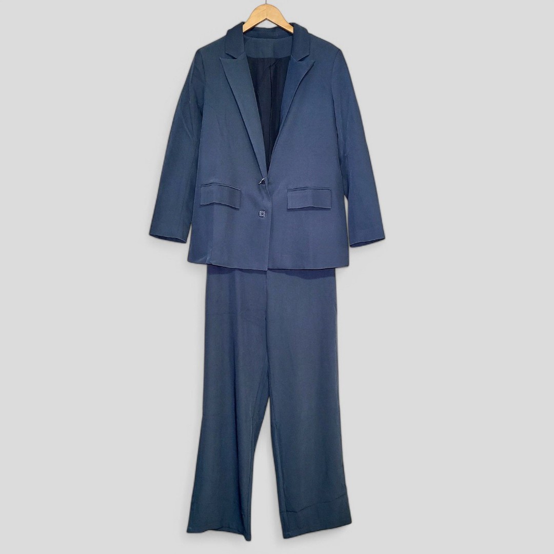 Women's Large Gray Two Piece Suit Blazer & Pants Stretchy Waistband Wide Leg