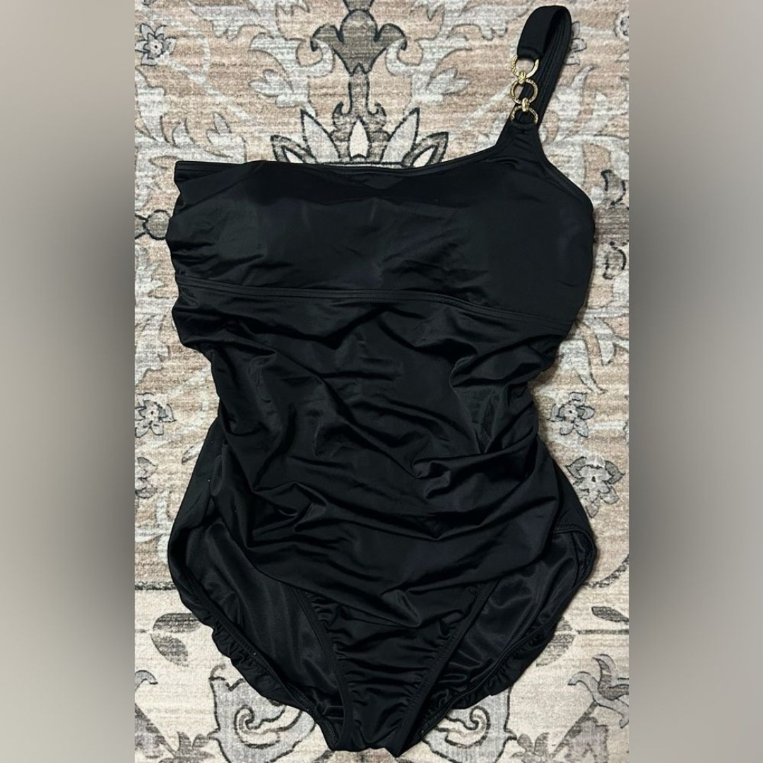 Lands End Black One Piece Swimsuit Sz 16 One Shoulder Ruched Built In Bra Beach