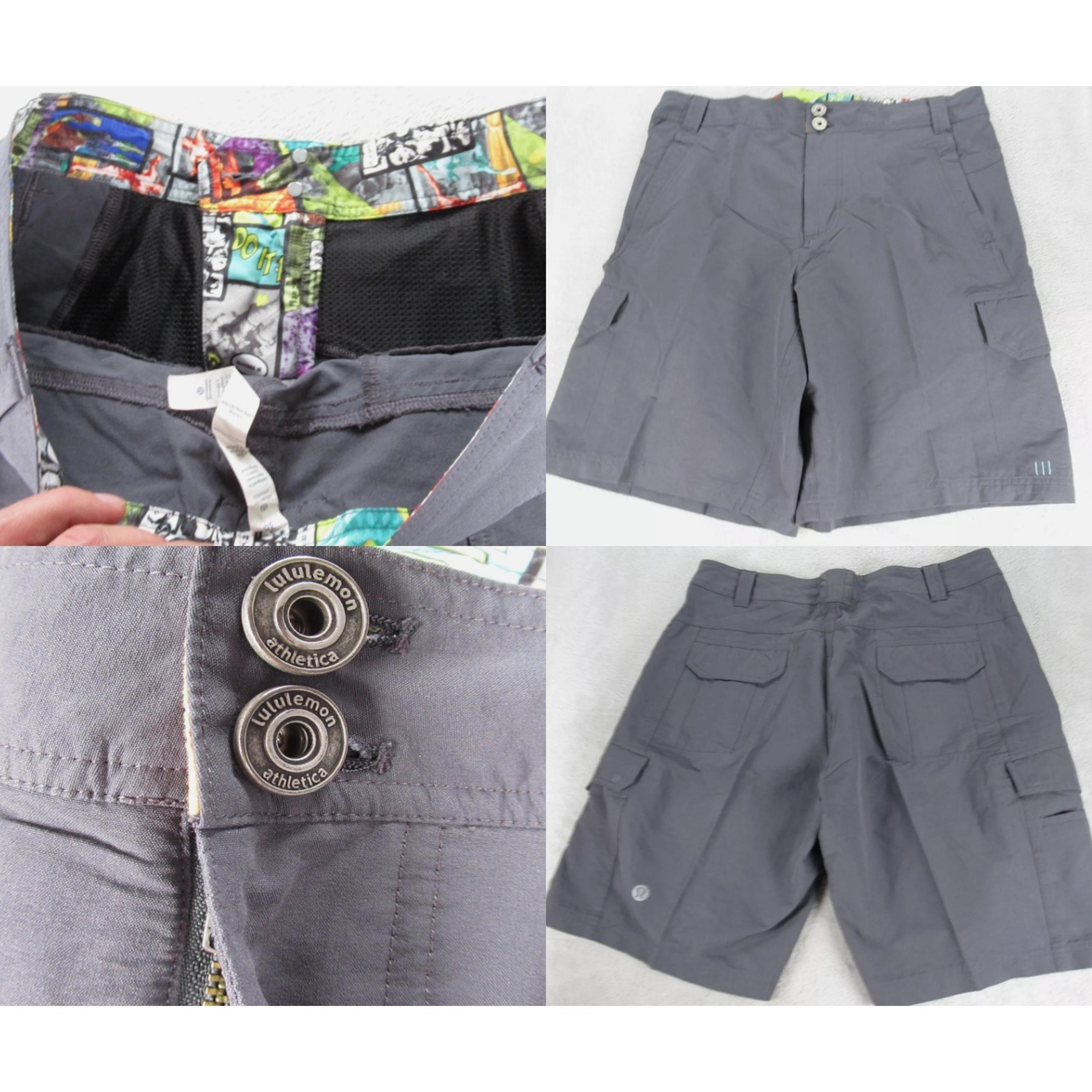 Lululemon Kung Fu Shorts Mens 36 Gray Zip Cargo Tech Flex Comic Waist RARE