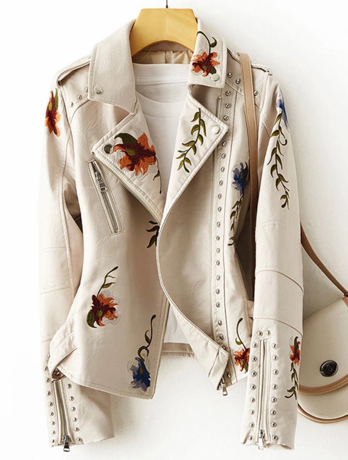 NEW Jacket with Embroidery detail studded, Front zipper. Boho Cream M/L