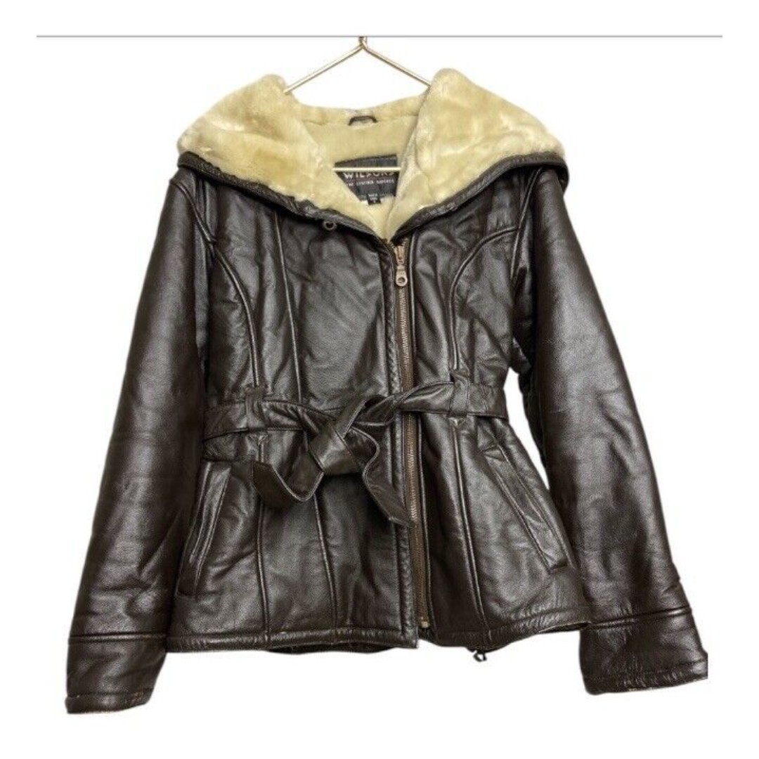 Vintage Wilson Dark Brown Genuine Leather Faux Fur Hooded Jacket Size S