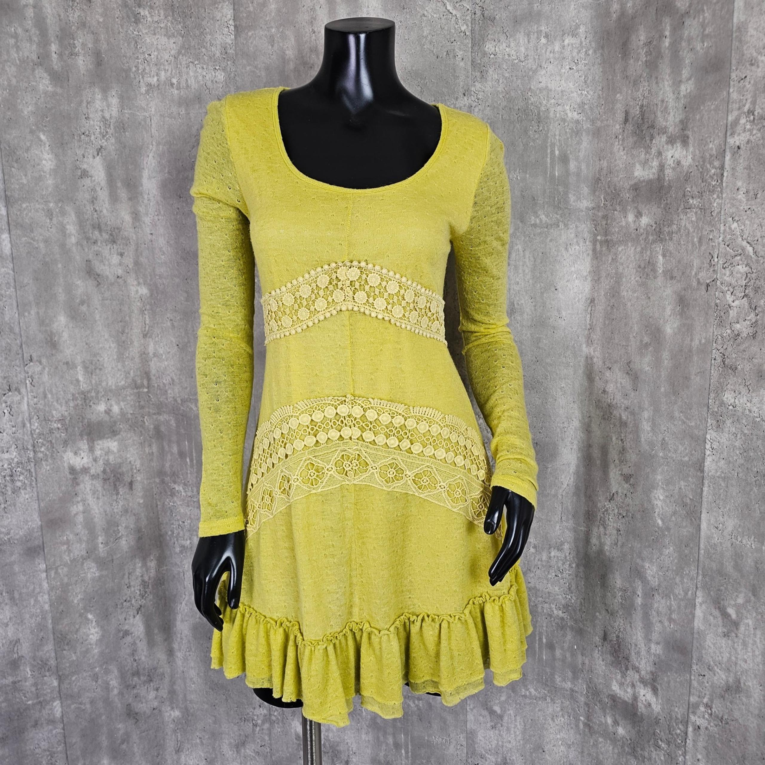A'reve Womens M Yellow Mini Dress Long Sleeve Lace Trim Ruffle Hem Knit