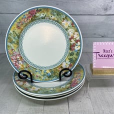 Mikasa FLORAL MEADOW Heritage Pastel Blue Fence Stoneware Dinner Plates Set of 4