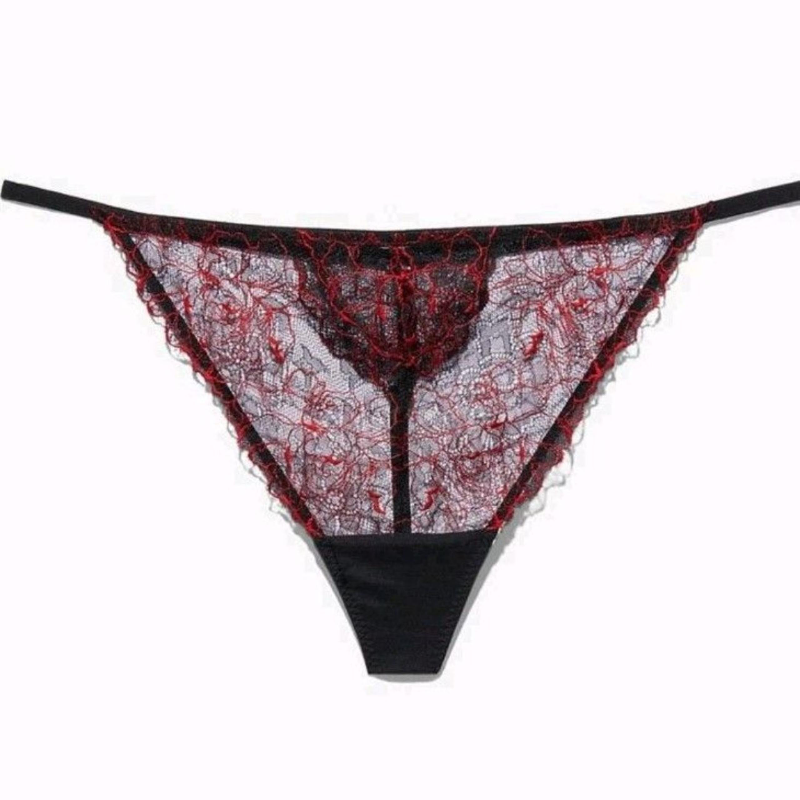 Savage x Fenty Embroidered Lace G-String Black Caviar Goji Berry Size 1X NWT