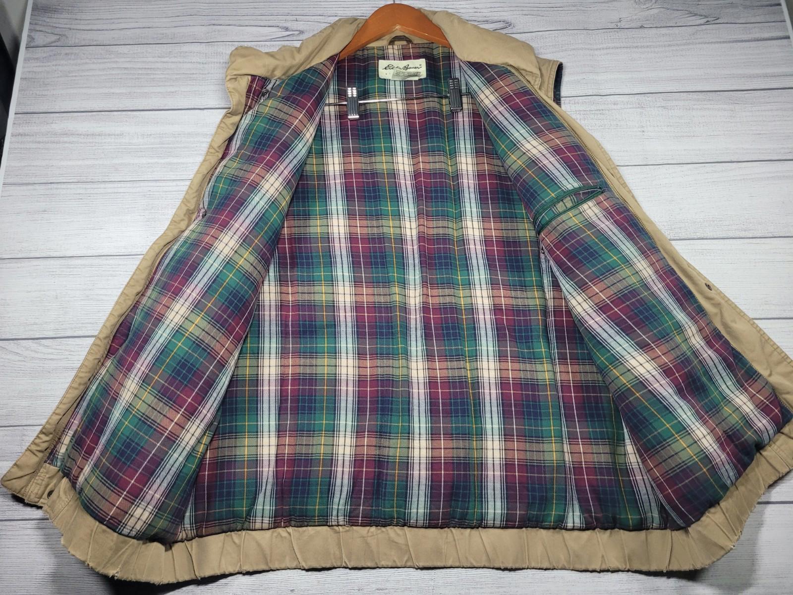 Vintage Eddie Bauer Goose Down Vest Men's Large Tan Quilted Puffer Flannel Lined