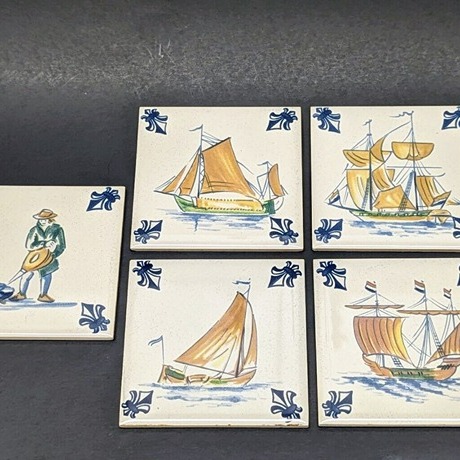 Set 5 KLM Airlines DELFT POLICHROME Ceramic Tile Coasters SHIPS Vintage Ships