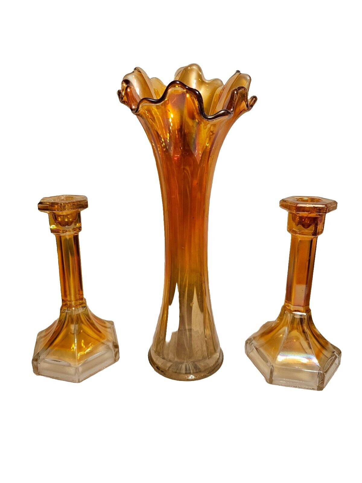 VINTAGE Marigold Carnival Glass Swung Flower Vase W/matching Candle Holders