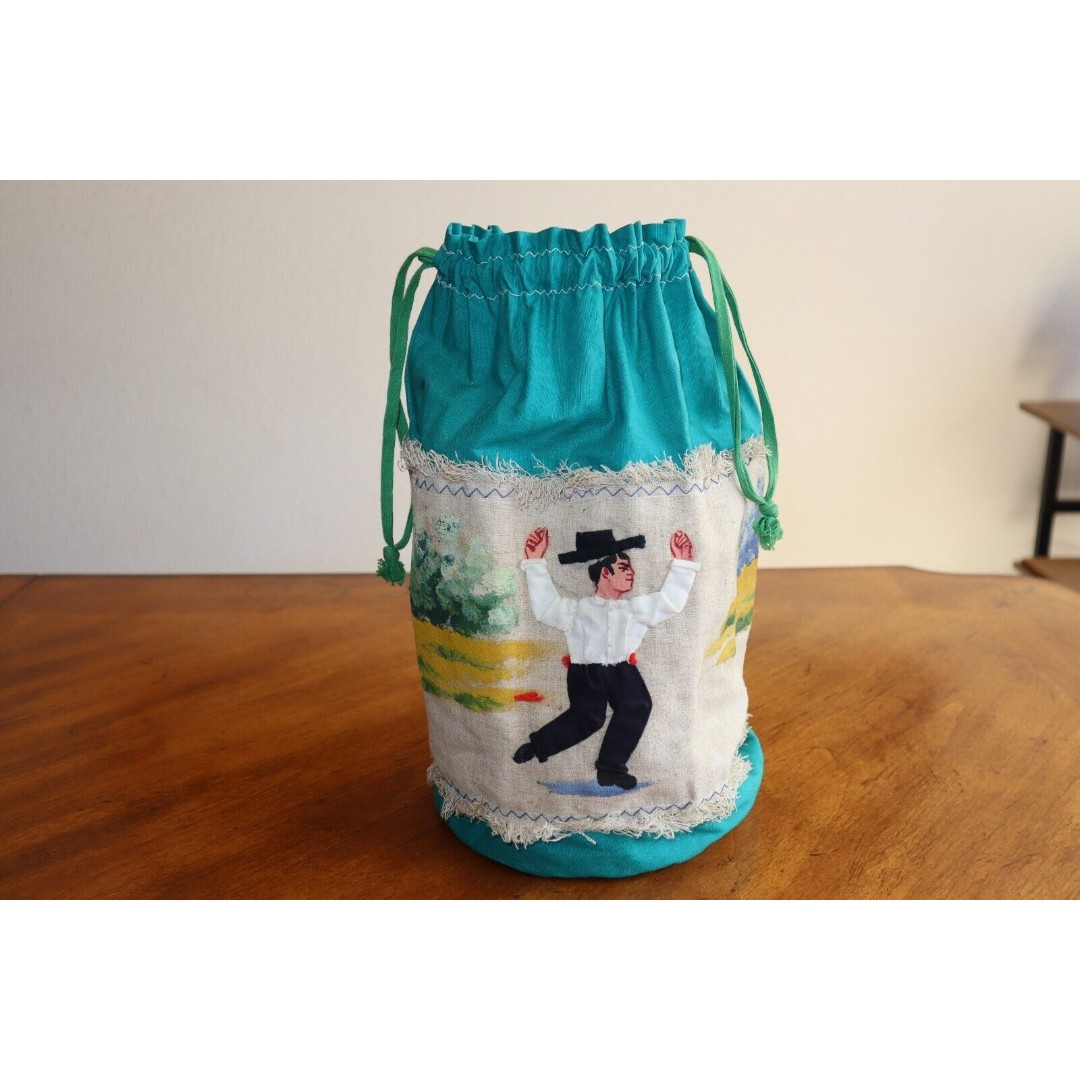 Vtg Drawstring Bag Purse Linen Handpainted Embellished Dancers Flamenco Souvenir