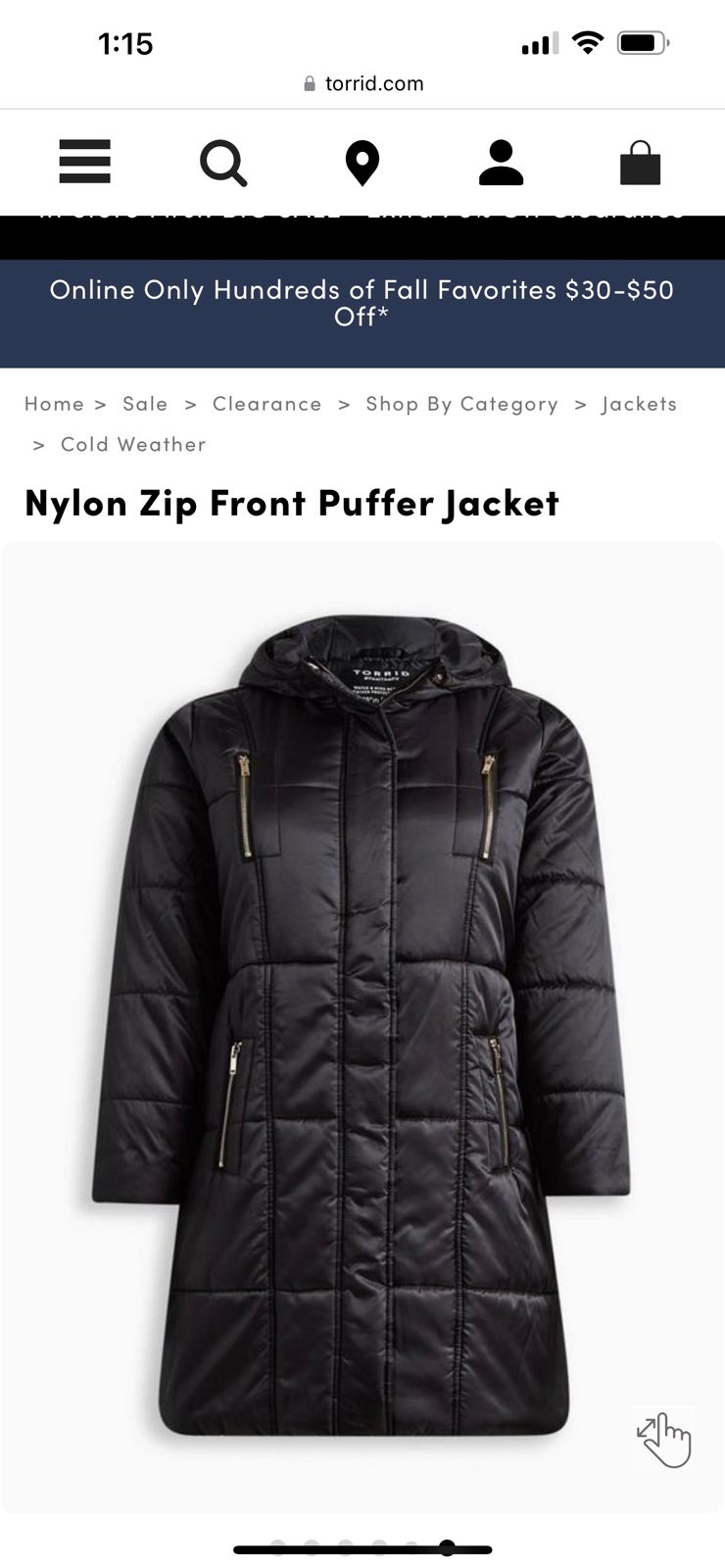 Torrid nylon zip front puffer jacket