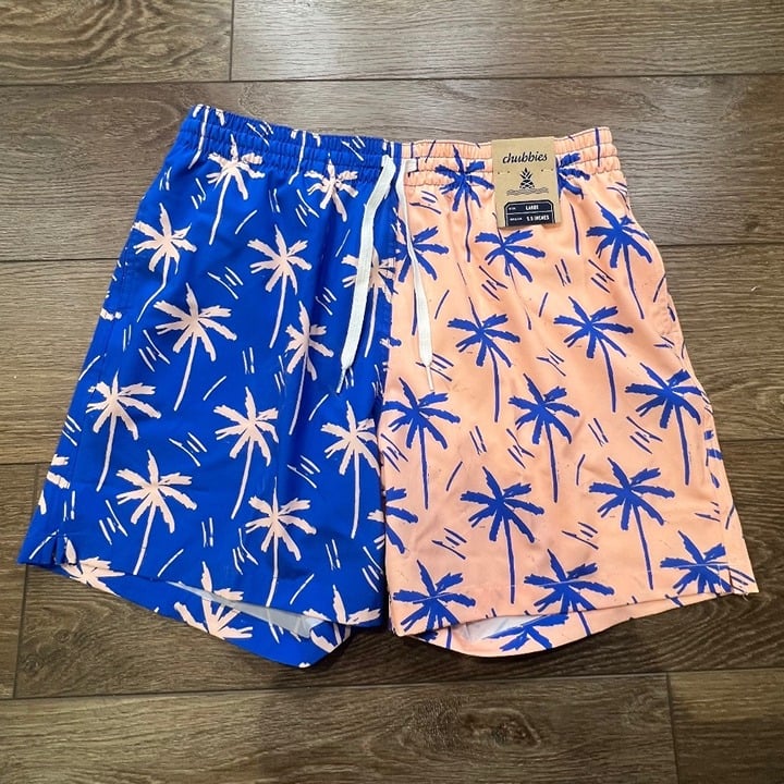 Chubbies Men's Classic Swim Trunks 5.5 Inseam, Orange/Blue, Palm Tree, Sz L