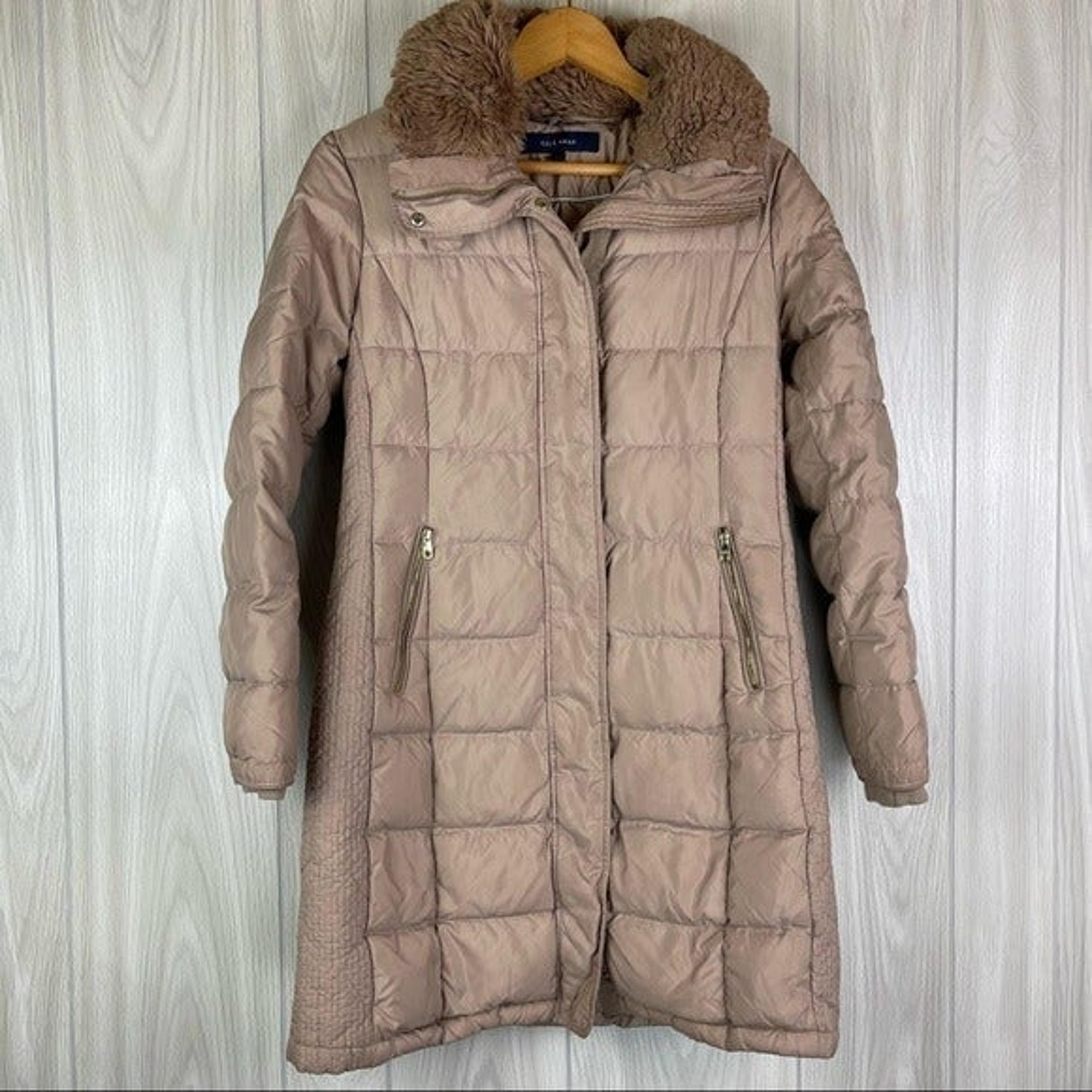Cole Haan Tan Faux Fur Collar Down Filled Long Line Puffer Jacket