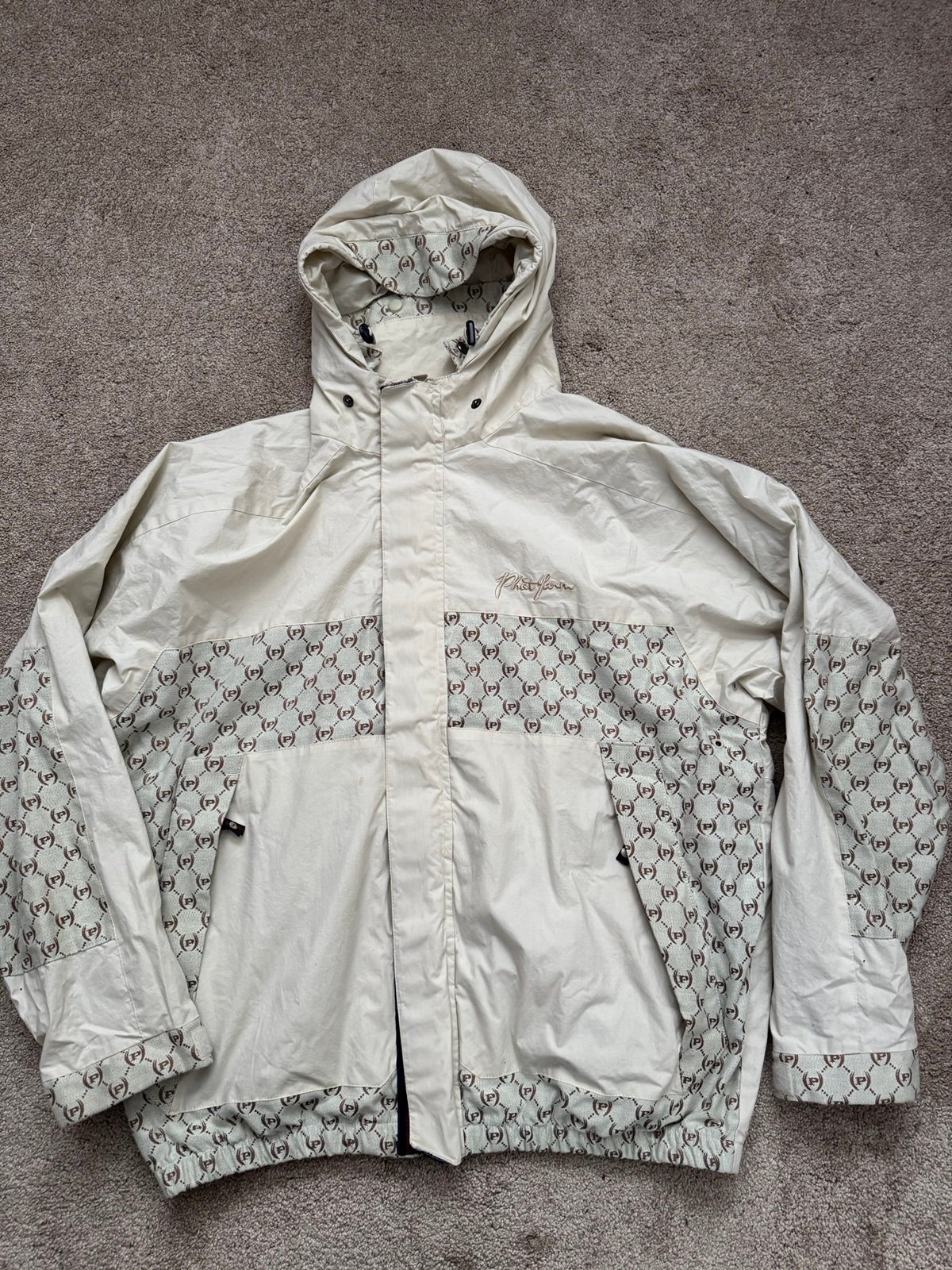 Vintage 90s Phat Farm Monogram Print Jacket RARE Tan very hard to find. ROCK IT!