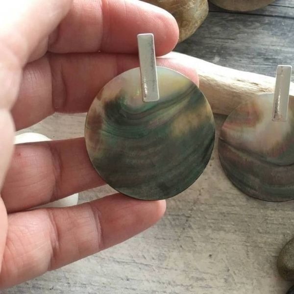 Abalone shell Disc brushed silver earrings Genuine Abalone Shell