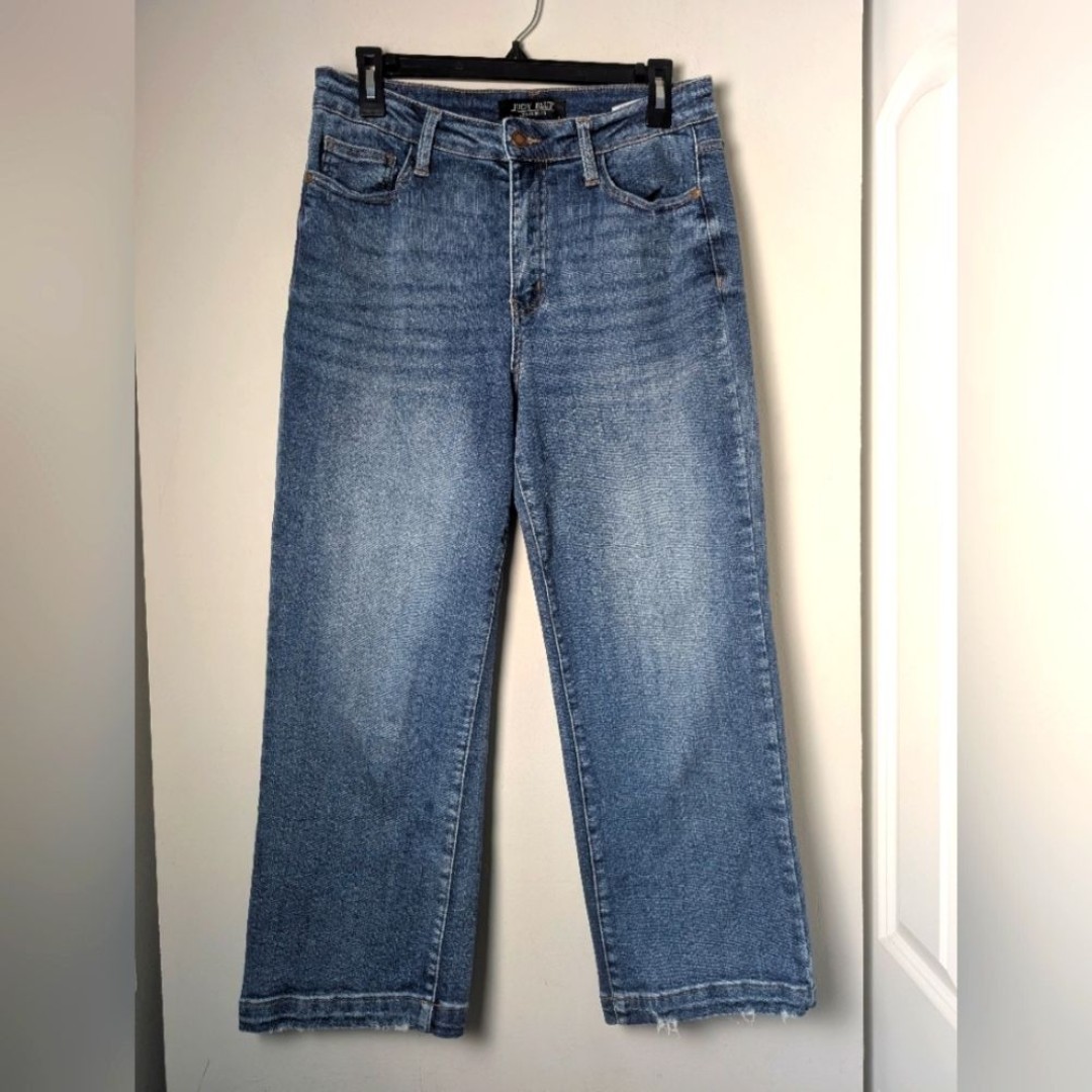 Judy blue wide leg jeans high rise mid wash sz 28 distressed hem