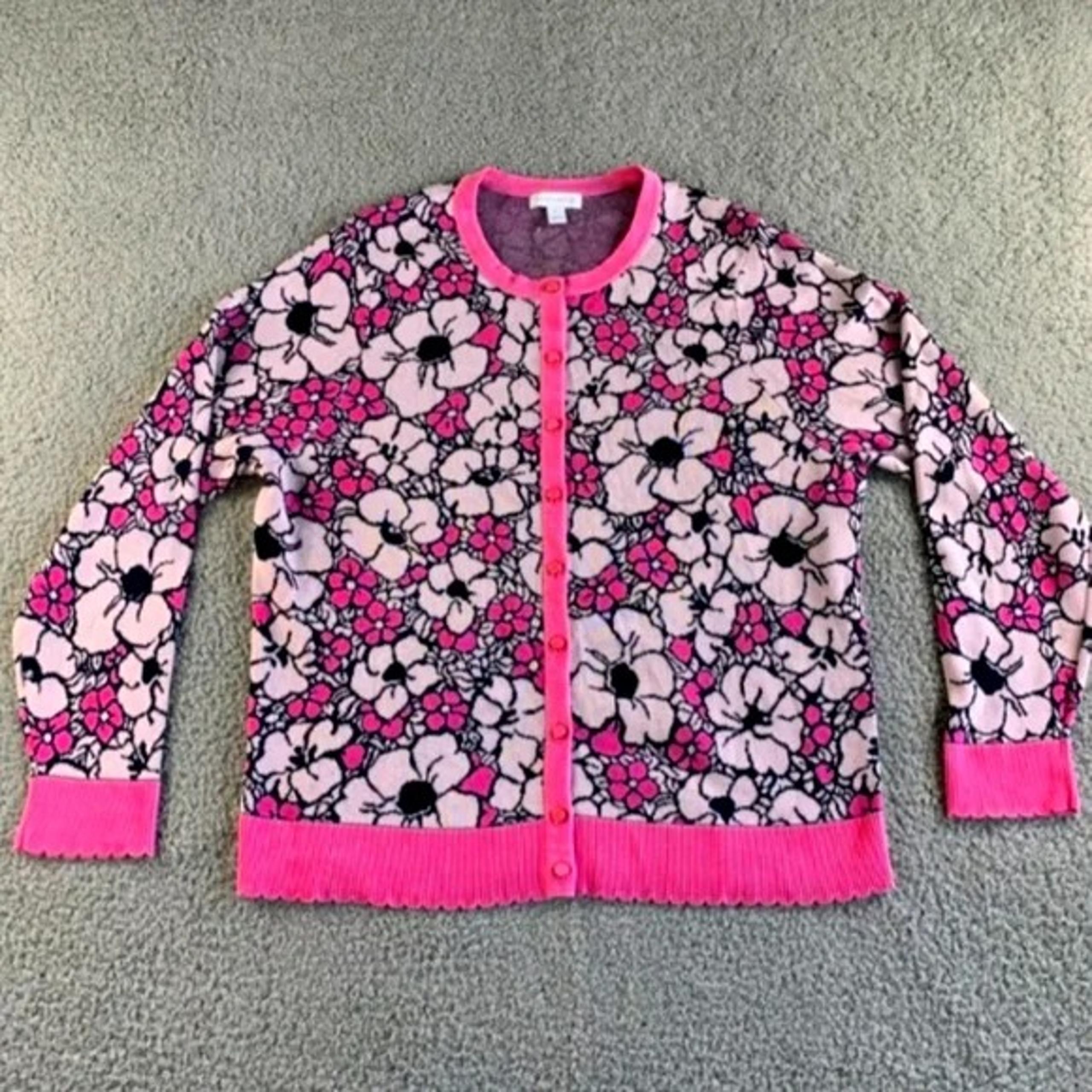 NEW Charter Club Cardigan Sweater Womens L Pink Black Floral Boho Rayon Blend
