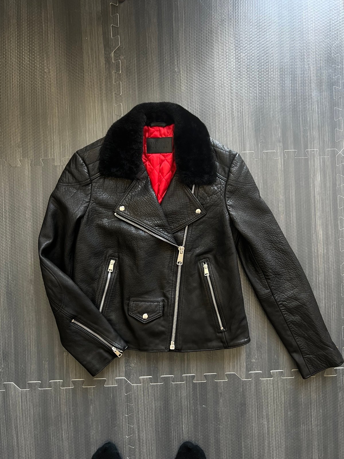 All Saints Women's Black Leather Pataya Lux Biker Jacket with Red Lining 8