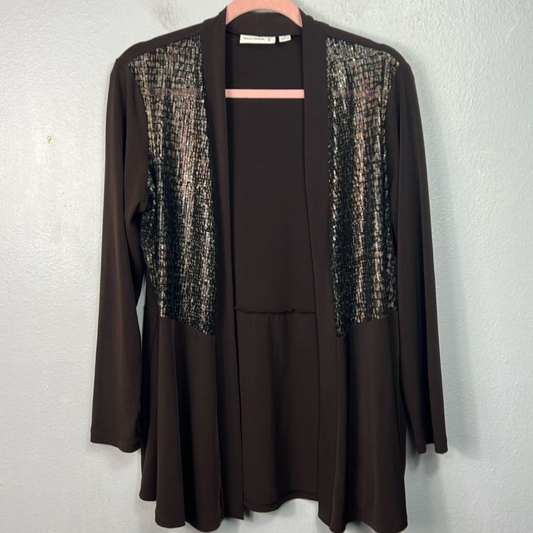 Susan Graver Liquid Knit Open Front Mesh Sequin Embellished Cardigan Medium
