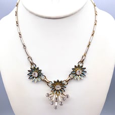 Vintage Blue Flowers Bib Choker, Gold Tone Chain Necklace with Enamel