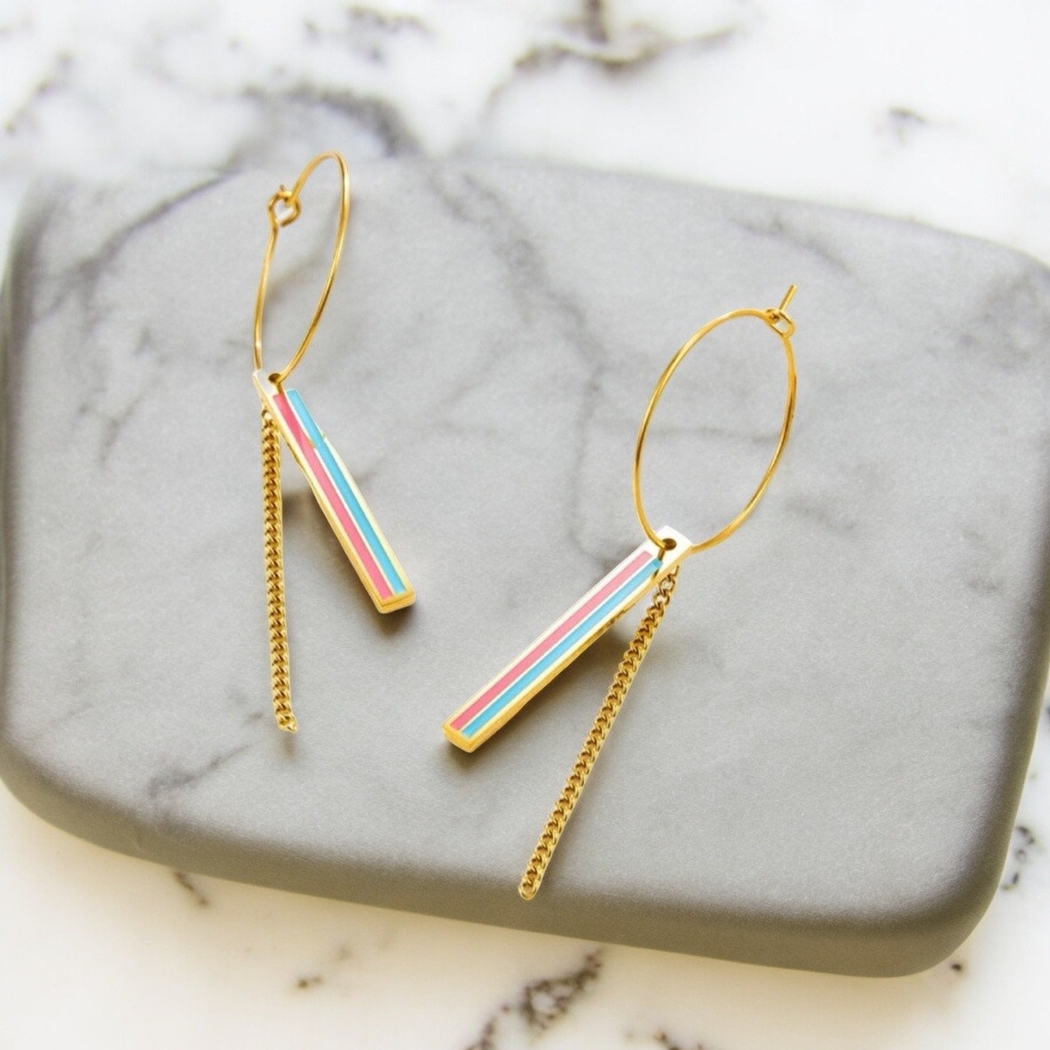 NEW 18K yellow gold plated pink blue chain hoop drop earrings jewelry B23A