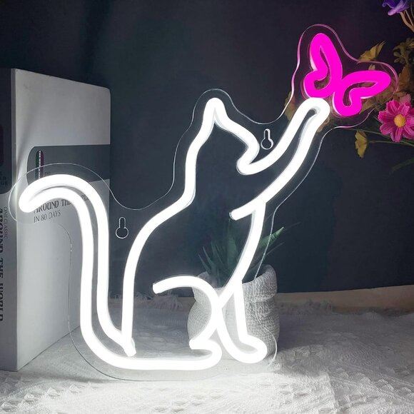 New Cat Butterfly LED Neon Sign for Wall Decor, Cute Neon Lights