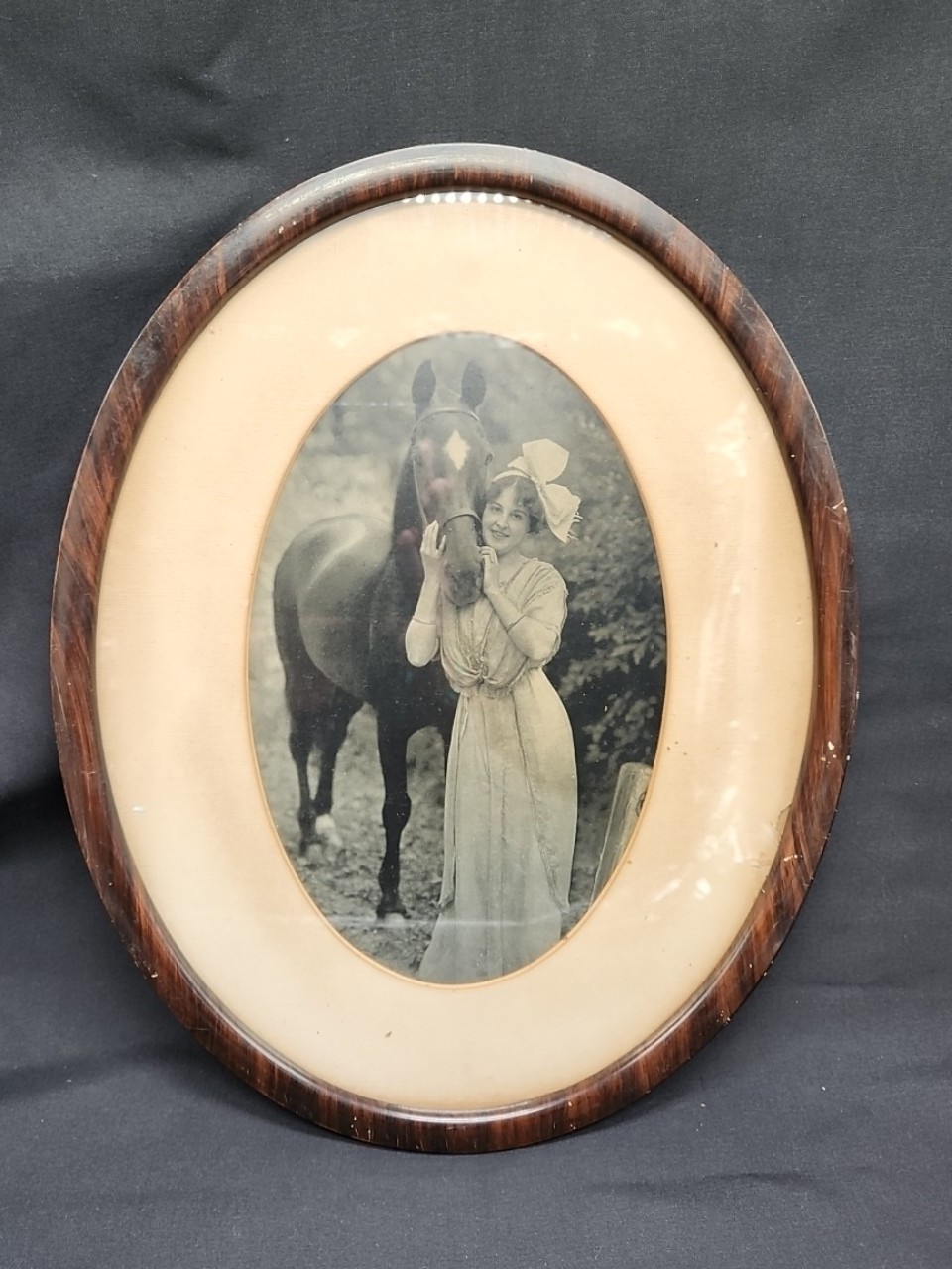 VTG OVAL M.E STREEPY CALENDAR BLACK/WHITE PHOTO OF A YOUNG WOMAN W/ BLACK HORSE
