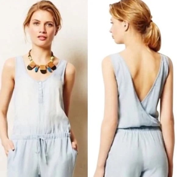 Anthropologie Pilcro Cloth + Stone Large Romper Blue White denim jumpsuit
