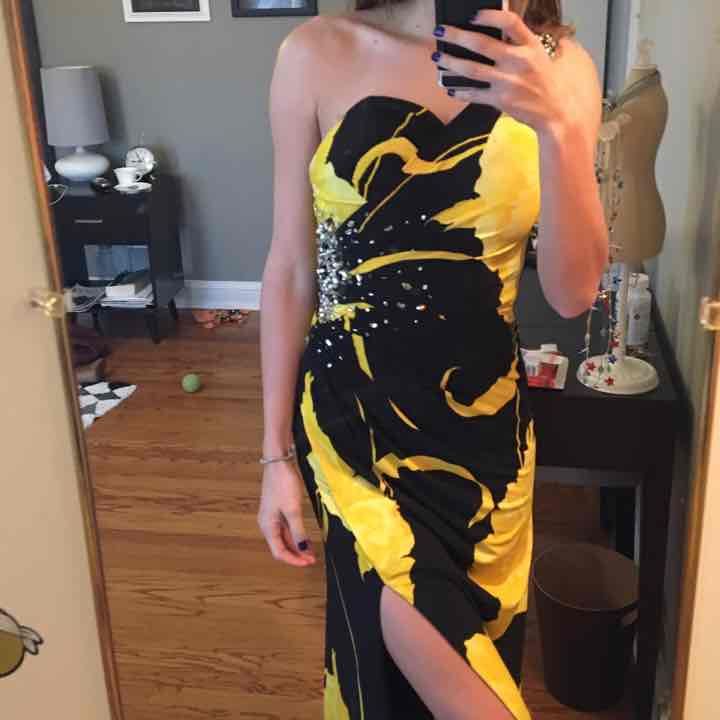 Black and yellow prom ball gown