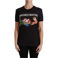 DOLCE & GABBANA BLACK COTTON CREWNECK TEE WITH UNIQUE WOMEN'S PRINT