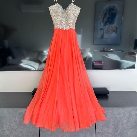 LA FEMME Coral Beaded Corset Chiffon Satin Long Prom/Pageant Dress- Size 2