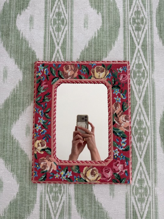 Handmade Floral Needlepoint Hanging Accent Mirror