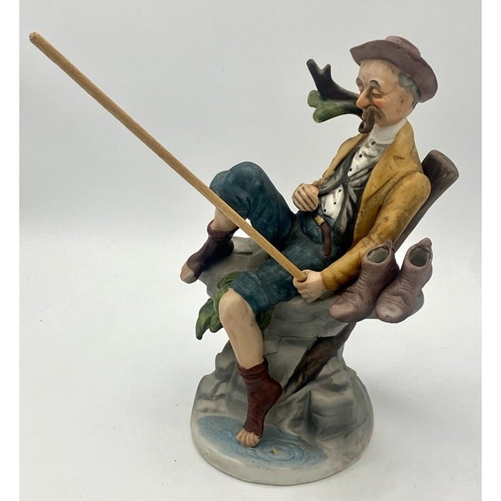 Old Man Fishing Hobo Tramp Bum Barefoot Smoking Pipe Figurine Statue Sculpture