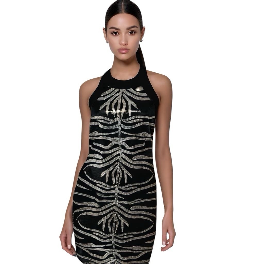 Joseph Ribkoff Black Silver Sequin Halter Dress Size 8
