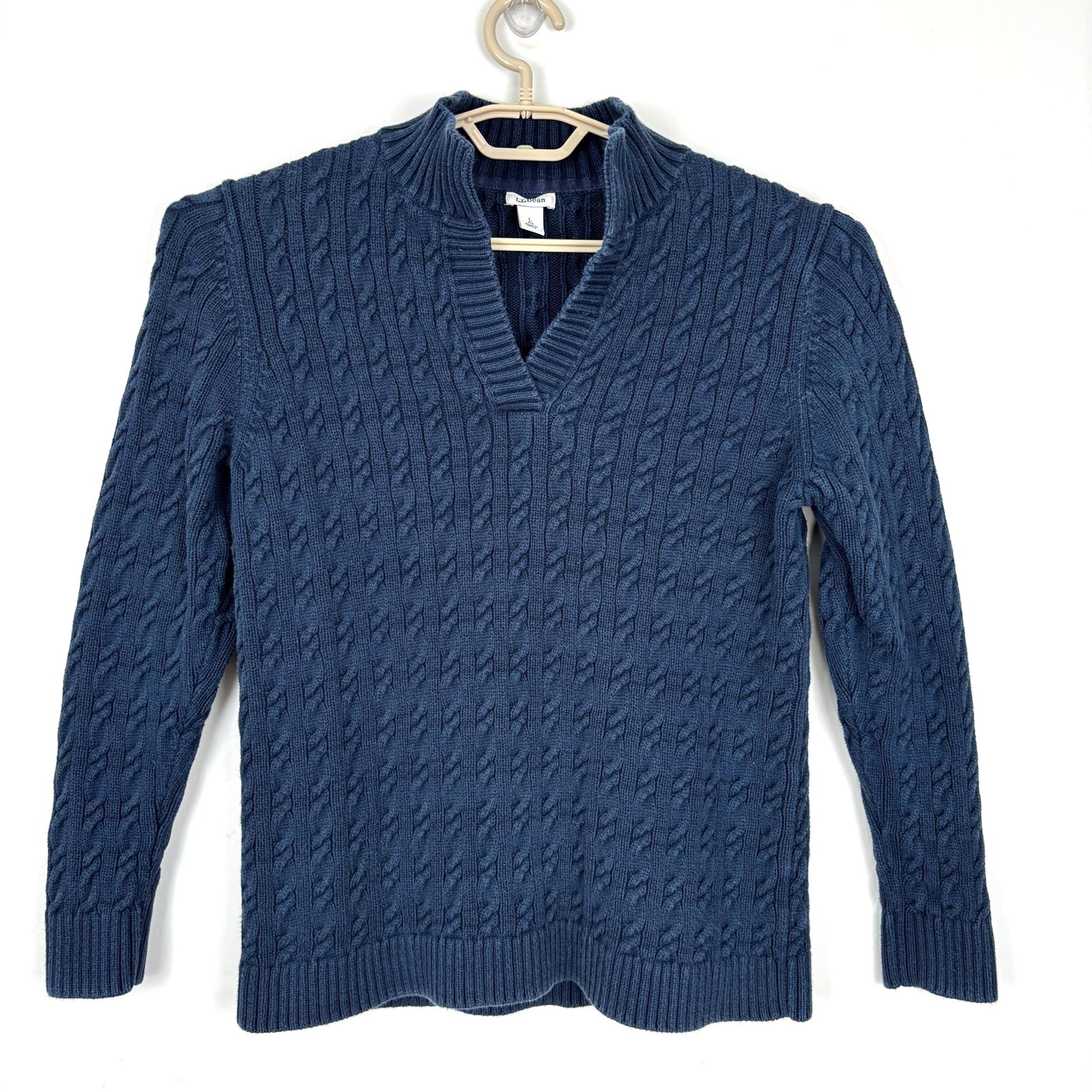L.L. Bean cable knit v-neck fisherman sweater Navy Blue Medium Cotton coastal