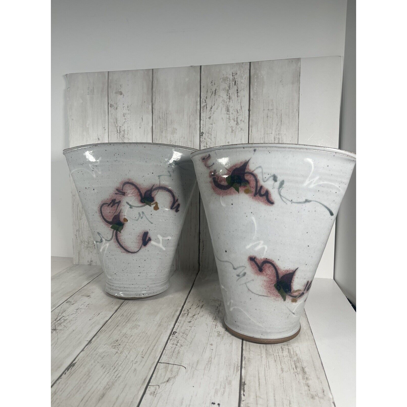 Vintage Pottery Vases Grey And Pink Floral ~ Stamped Fan Shape Oval Heavy