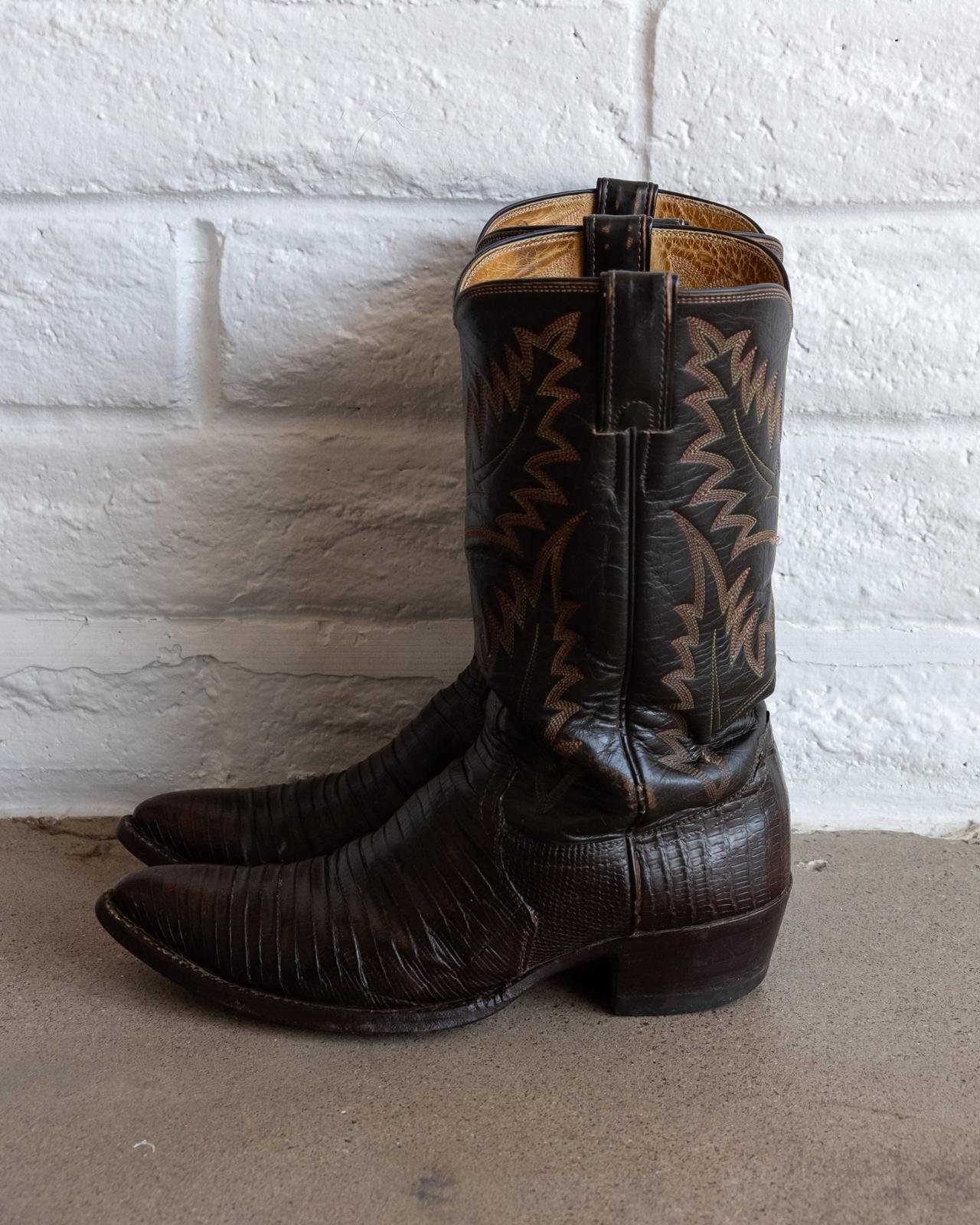 Vintage 90s Justin Boots Teju Lizard Skin Cowboy Boots Size 8 D Made In USA