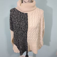 Karen Millen Mixed Knit Turtleneck Sweater Wool Cream Gray Side Split small
