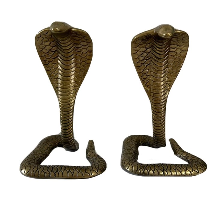 Pair Vintage King Cobra Snakes Snake Statue Figurine Patina Coiled Rearing 7.5”